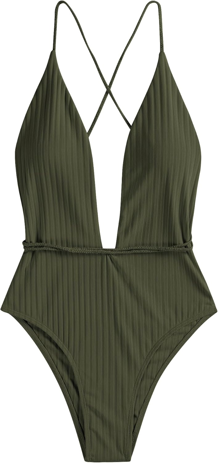 ZAFUL Women’s Ribbed One Piece Swimsuit Deep V Neck Bathing Suit Crisscross Back Self Tie Monokini - 7DAY'S