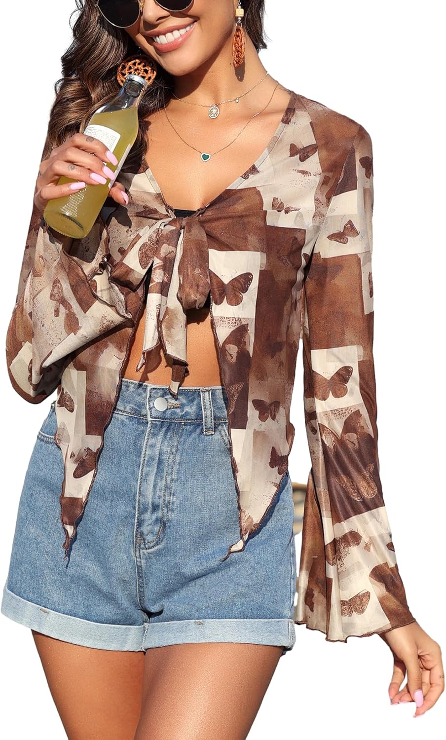 ZAFUL Women's Sheer Shrug Y2K Long Sleeve Cardigans 2024 Irregular Tie Front Bolera - 7DAY'S
