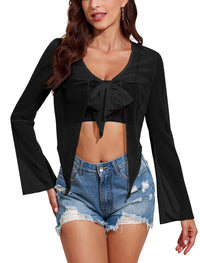 ZAFUL Women's Sheer Shrug Y2K Long Sleeve Cardigans 2024 Irregular Tie Front Bolera - 7DAY'S
