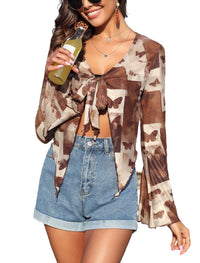 ZAFUL Women's Sheer Shrug Y2K Long Sleeve Cardigans 2024 Irregular Tie Front Bolera - 7DAY'S