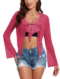ZAFUL Women's Sheer Shrug Y2K Long Sleeve Cardigans 2024 Irregular Tie Front Bolera - 7DAY'S