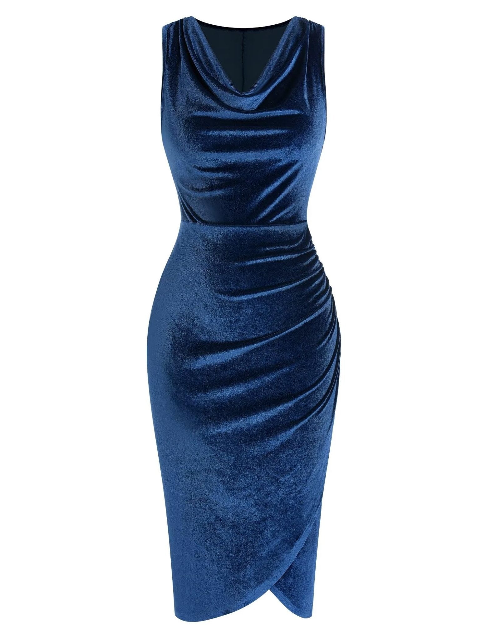 ZAFUL Womens Sleeveless Velvet Cocktail Dresses Cowl Neck Party Midi Wedding Guest Dress Ruched Slit Bodycon Dress - 7DAY'S
