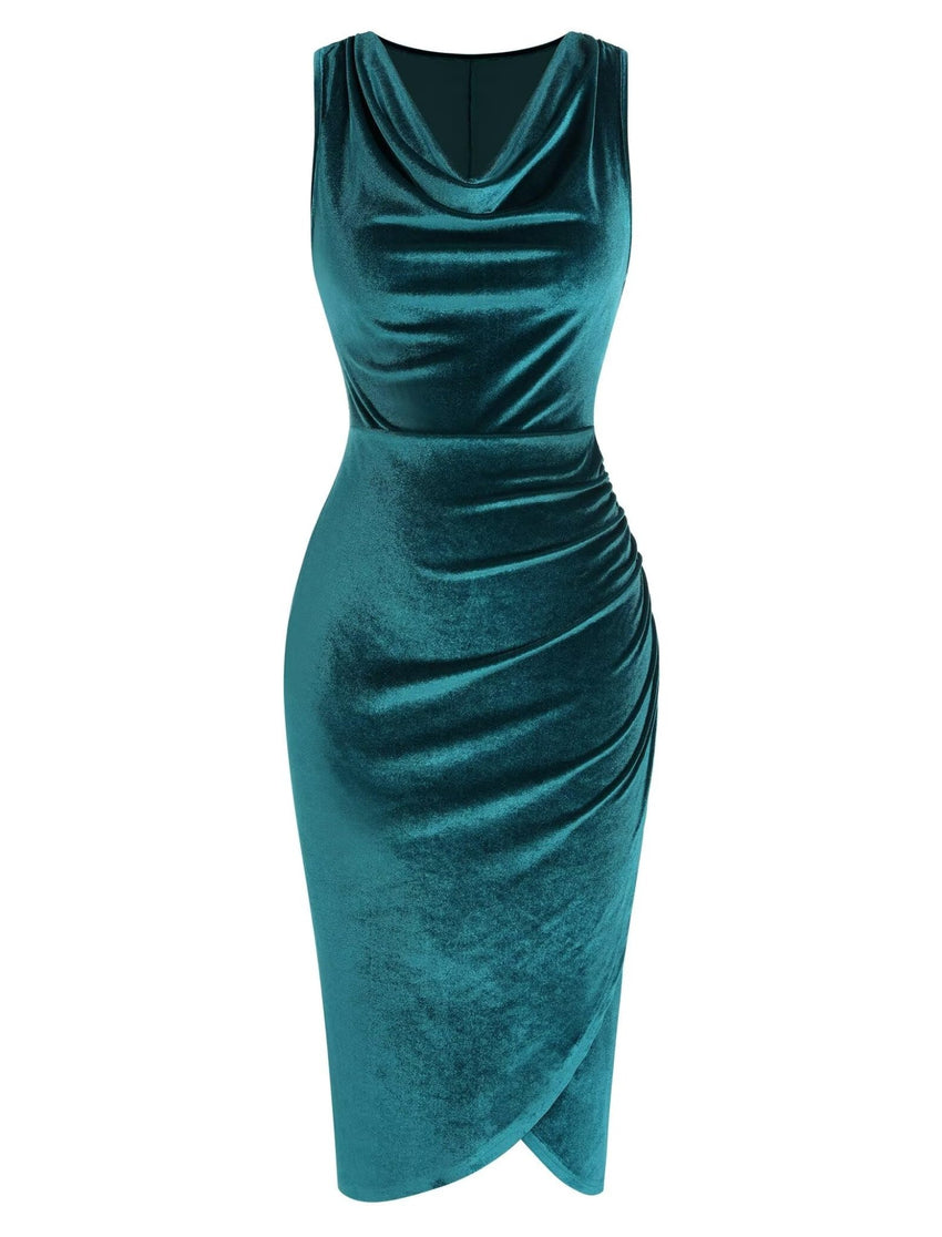 ZAFUL Womens Sleeveless Velvet Cocktail Dresses Cowl Neck Party Midi Wedding Guest Dress Ruched Slit Bodycon Dress - 7DAY'S