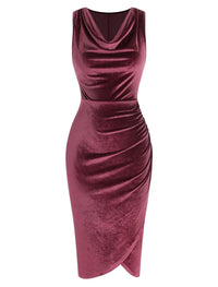 ZAFUL Womens Sleeveless Velvet Cocktail Dresses Cowl Neck Party Midi Wedding Guest Dress Ruched Slit Bodycon Dress - 7DAY'S