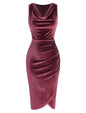 ZAFUL Womens Sleeveless Velvet Cocktail Dresses Cowl Neck Party Midi Wedding Guest Dress Ruched Slit Bodycon Dress - 7DAY'S