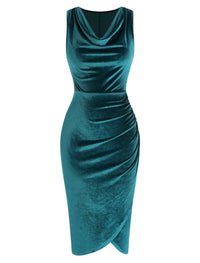 ZAFUL Womens Sleeveless Velvet Cocktail Dresses Cowl Neck Party Midi Wedding Guest Dress Ruched Slit Bodycon Dress - 7DAY'S