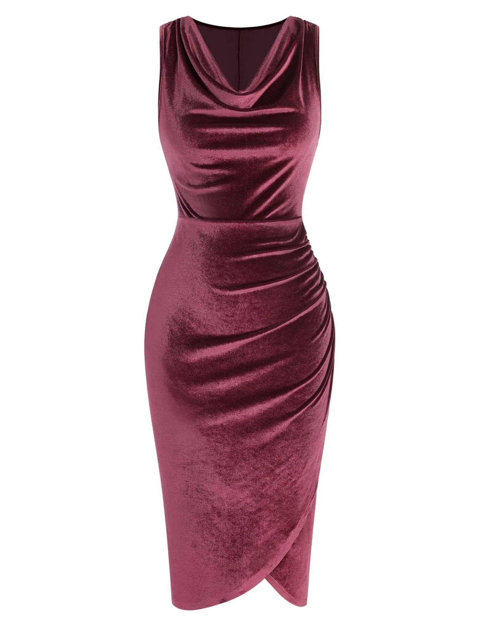 ZAFUL Womens Sleeveless Velvet Cocktail Dresses Cowl Neck Party Midi Wedding Guest Dress Ruched Slit Bodycon Dress - 7DAY'S