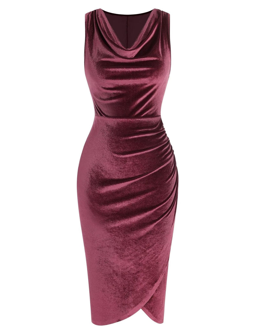 ZAFUL Womens Sleeveless Velvet Cocktail Dresses Cowl Neck Party Midi Wedding Guest Dress Ruched Slit Bodycon Dress - 7DAY'S