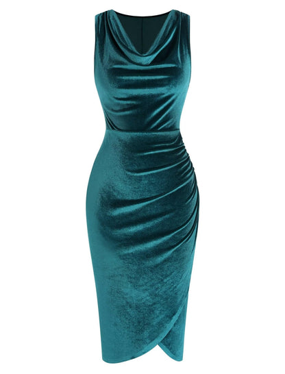 ZAFUL Womens Sleeveless Velvet Cocktail Dresses Cowl Neck Party Midi Wedding Guest Dress Ruched Slit Bodycon Dress - 7DAY'S