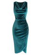 ZAFUL Womens Sleeveless Velvet Cocktail Dresses Cowl Neck Party Midi Wedding Guest Dress Ruched Slit Bodycon Dress - 7DAY'S