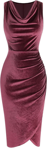 ZAFUL Womens Sleeveless Velvet Cocktail Dresses Cowl Neck Party Midi Wedding Guest Dress Ruched Slit Bodycon Dress - 7DAY'S
