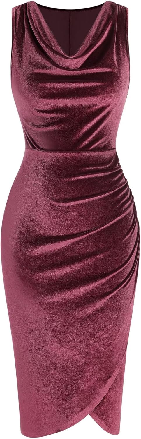 ZAFUL Womens Sleeveless Velvet Cocktail Dresses Cowl Neck Party Midi Wedding Guest Dress Ruched Slit Bodycon Dress - 7DAY'S