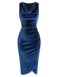 ZAFUL Womens Sleeveless Velvet Cocktail Dresses Cowl Neck Party Midi Wedding Guest Dress Ruched Slit Bodycon Dress - 7DAY'S