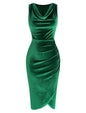 ZAFUL Womens Sleeveless Velvet Cocktail Dresses Cowl Neck Party Midi Wedding Guest Dress Ruched Slit Bodycon Dress - 7DAY'S