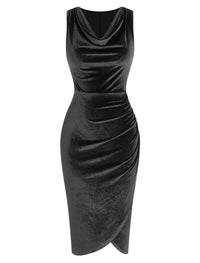 ZAFUL Womens Sleeveless Velvet Cocktail Dresses Cowl Neck Party Midi Wedding Guest Dress Ruched Slit Bodycon Dress - 7DAY'S