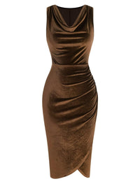 ZAFUL Womens Sleeveless Velvet Cocktail Dresses Cowl Neck Party Midi Wedding Guest Dress Ruched Slit Bodycon Dress - 7DAY'S