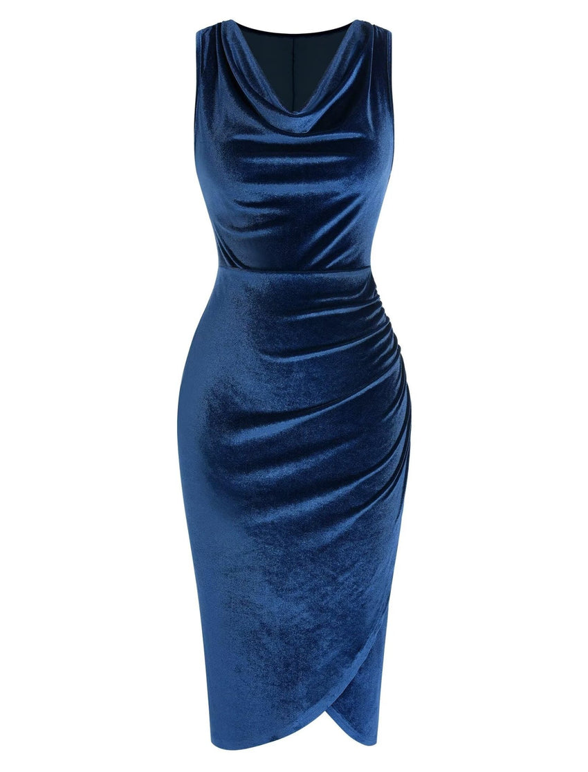 ZAFUL Womens Sleeveless Velvet Cocktail Dresses Cowl Neck Party Midi Wedding Guest Dress Ruched Slit Bodycon Dress - 7DAY'S