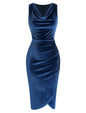 ZAFUL Womens Sleeveless Velvet Cocktail Dresses Cowl Neck Party Midi Wedding Guest Dress Ruched Slit Bodycon Dress - 7DAY'S