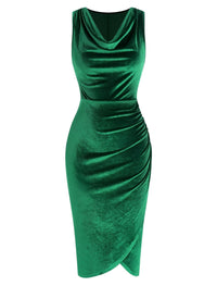 ZAFUL Womens Sleeveless Velvet Cocktail Dresses Cowl Neck Party Midi Wedding Guest Dress Ruched Slit Bodycon Dress - 7DAY'S