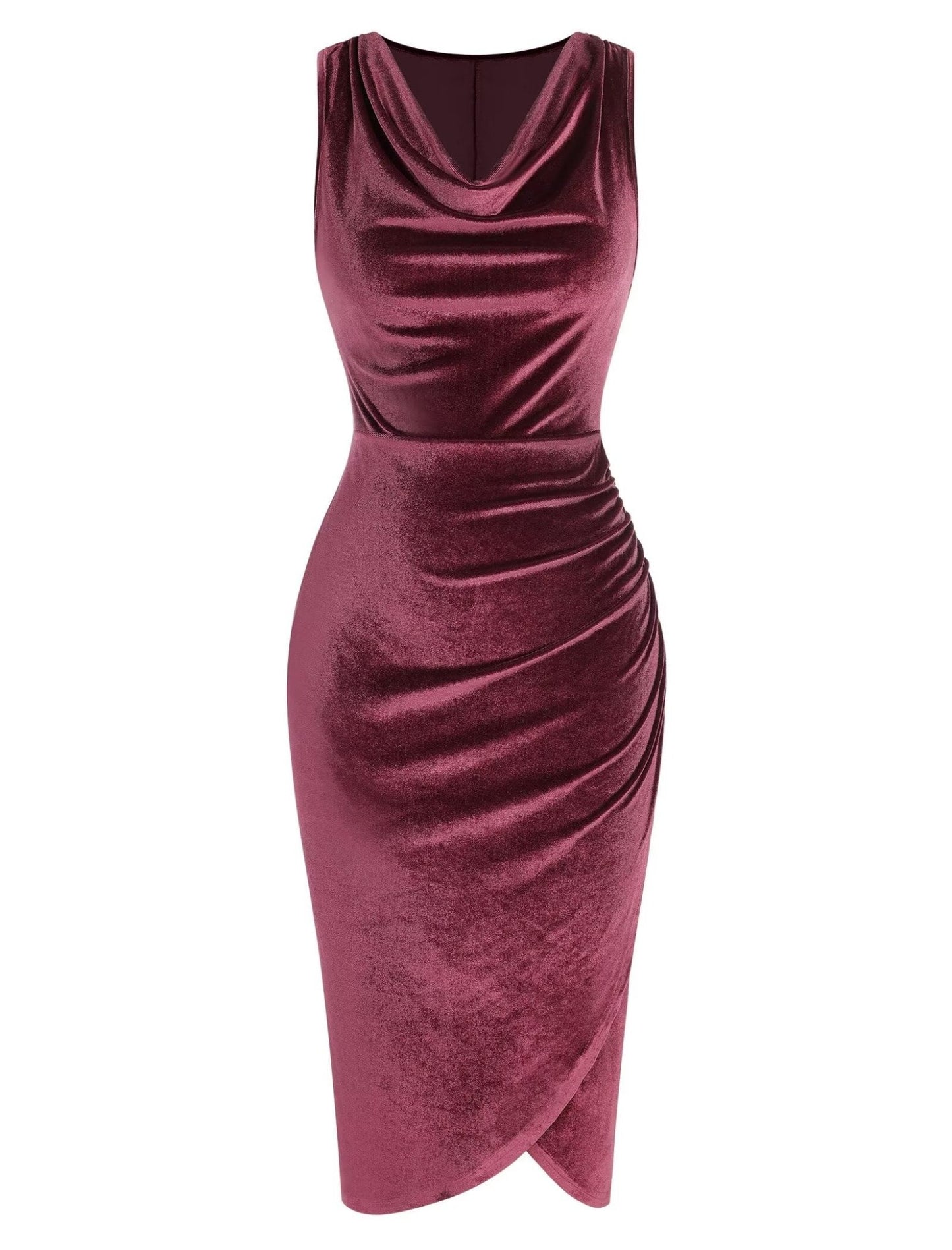 ZAFUL Womens Sleeveless Velvet Cocktail Dresses Cowl Neck Party Midi Wedding Guest Dress Ruched Slit Bodycon Dress - 7DAY'S