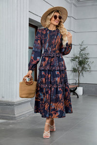 ZAFUL Women's Smocked Maxi Floral Dress Long Sleeve Boho Crew Neck Sun Dresses Casual High Waist Fall Flowy Dress(Navy,XL) - 7DAY'S