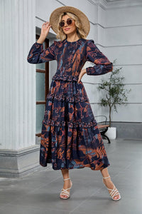 ZAFUL Women's Smocked Maxi Floral Dress Long Sleeve Boho Crew Neck Sun Dresses Casual High Waist Fall Flowy Dress(Navy,XL) - 7DAY'S