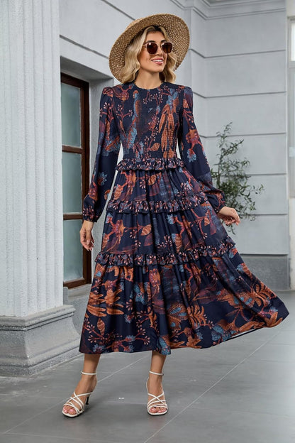 ZAFUL Women's Smocked Maxi Floral Dress Long Sleeve Boho Crew Neck Sun Dresses Casual High Waist Fall Flowy Dress(Navy,XL) - 7DAY'S