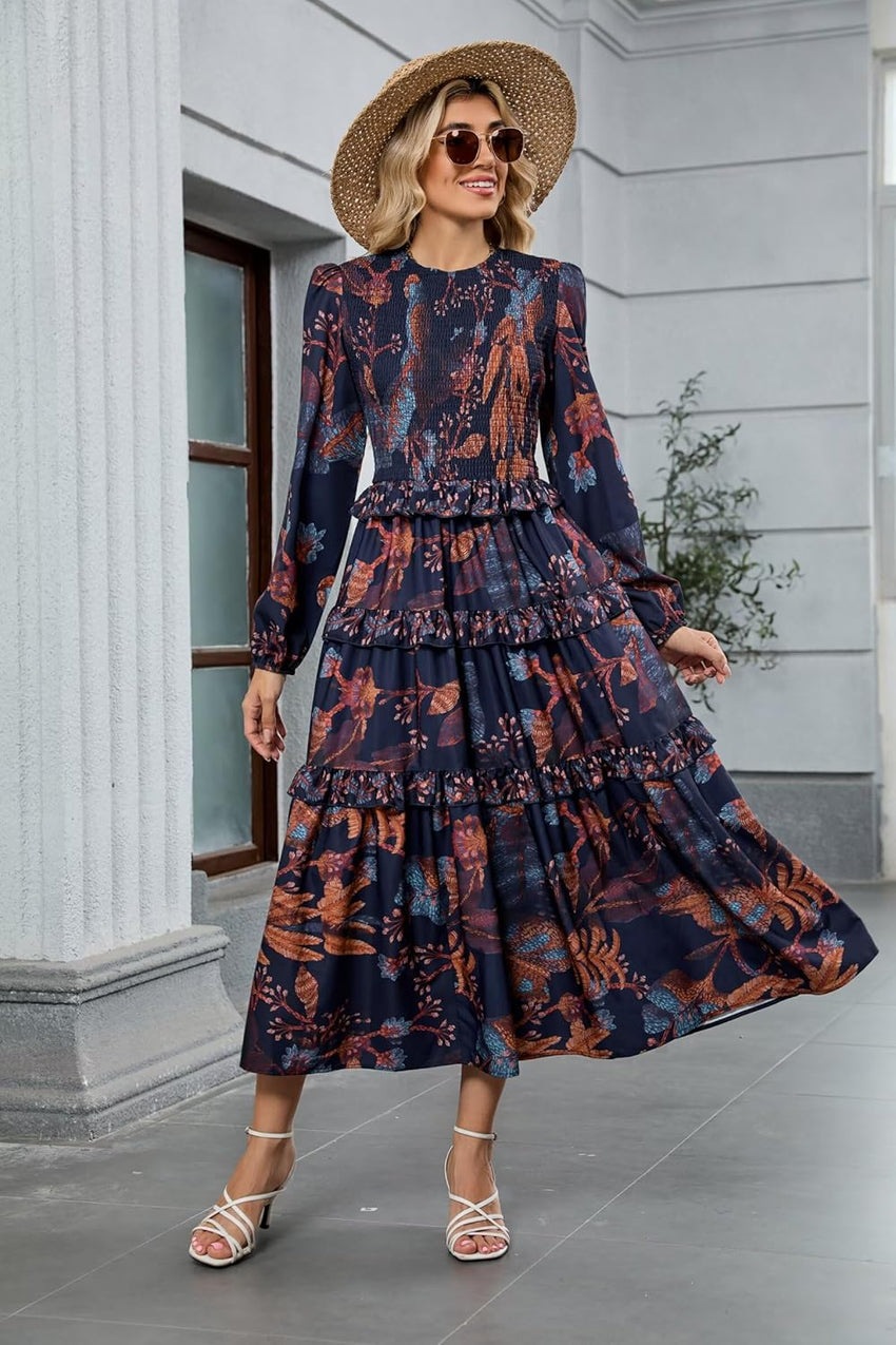 ZAFUL Women's Smocked Maxi Floral Dress Long Sleeve Boho Crew Neck Sun Dresses Casual High Waist Fall Flowy Dress(Navy,XL) - 7DAY'S