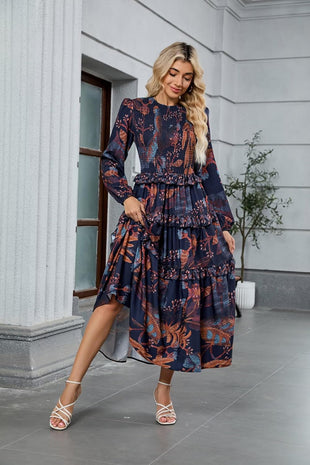 ZAFUL Women's Smocked Maxi Floral Dress Long Sleeve Boho Crew Neck Sun Dresses Casual High Waist Fall Flowy Dress(Navy,XL) - 7DAY'S