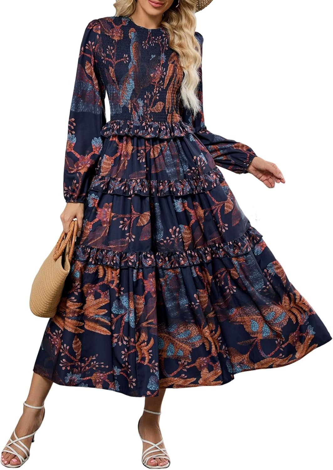 ZAFUL Women's Smocked Maxi Floral Dress Long Sleeve Boho Crew Neck Sun Dresses Casual High Waist Fall Flowy Dress(Navy,XL) - 7DAY'S