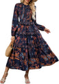 ZAFUL Women's Smocked Maxi Floral Dress Long Sleeve Boho Crew Neck Sun Dresses Casual High Waist Fall Flowy Dress(Navy,XL) - 7DAY'S