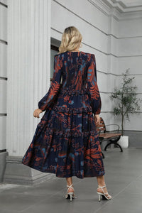 ZAFUL Women's Smocked Maxi Floral Dress Long Sleeve Boho Crew Neck Sun Dresses Casual High Waist Fall Flowy Dress(Navy,XL) - 7DAY'S