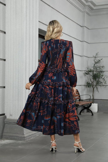 ZAFUL Women's Smocked Maxi Floral Dress Long Sleeve Boho Crew Neck Sun Dresses Casual High Waist Fall Flowy Dress(Navy,XL) - 7DAY'S