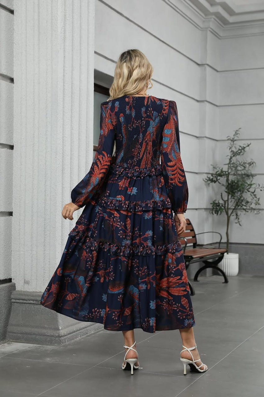 ZAFUL Women's Smocked Maxi Floral Dress Long Sleeve Boho Crew Neck Sun Dresses Casual High Waist Fall Flowy Dress(Navy,XL) - 7DAY'S