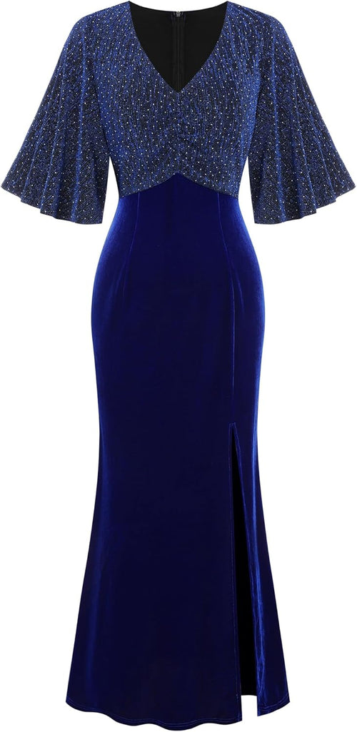 ZAFUL Women's Sparkly Glitter Cocktail Dress Half Sleeve Formal Wedding Guest Dresses V Neck Bodycon Party Evening Prom Dress