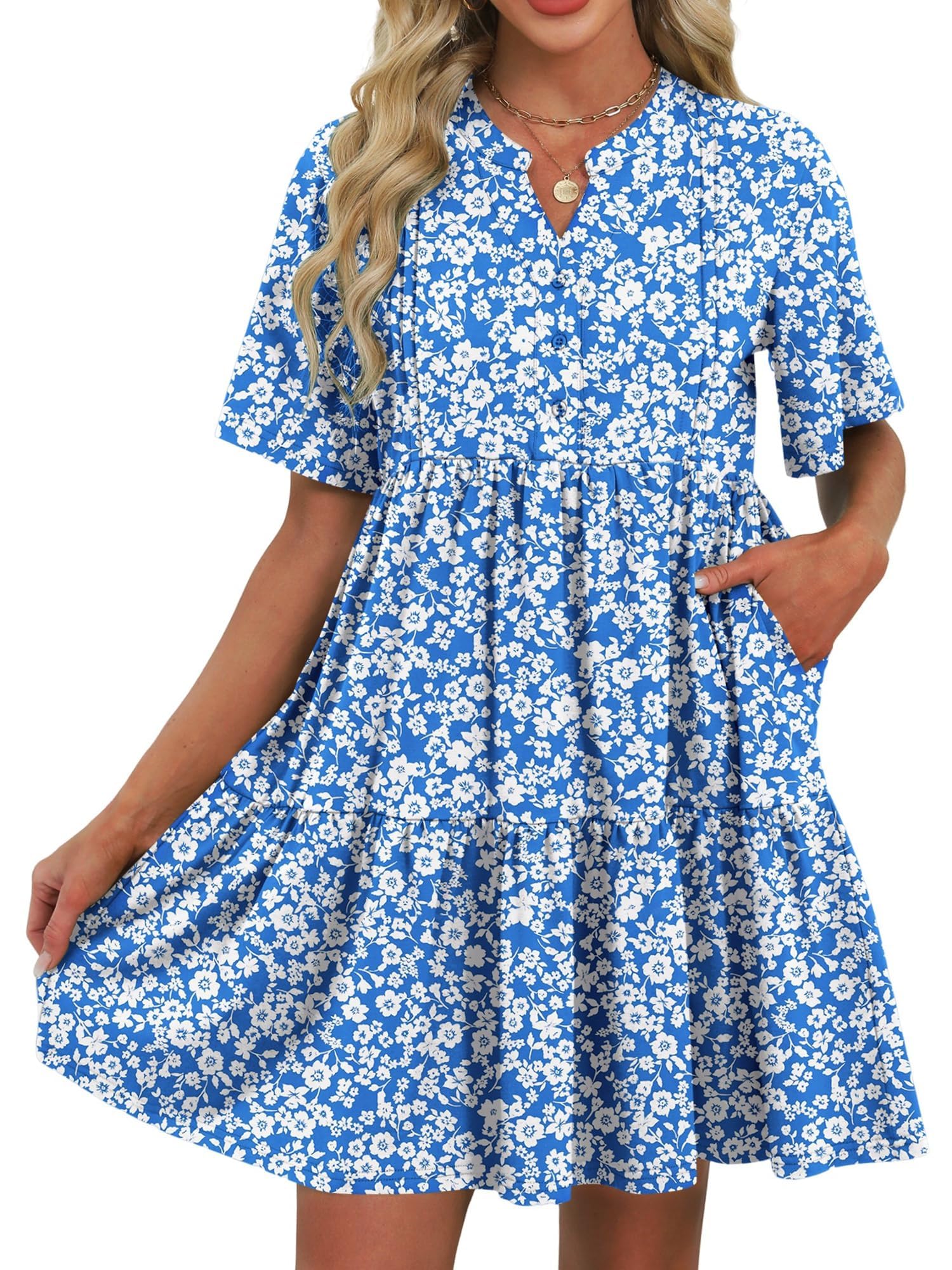 ZAFUL Womens Summer Dress 2025 Short Seeve V Neck Casual Beach Aline Tiered Mini Dress with Pockets - 7DAY'S