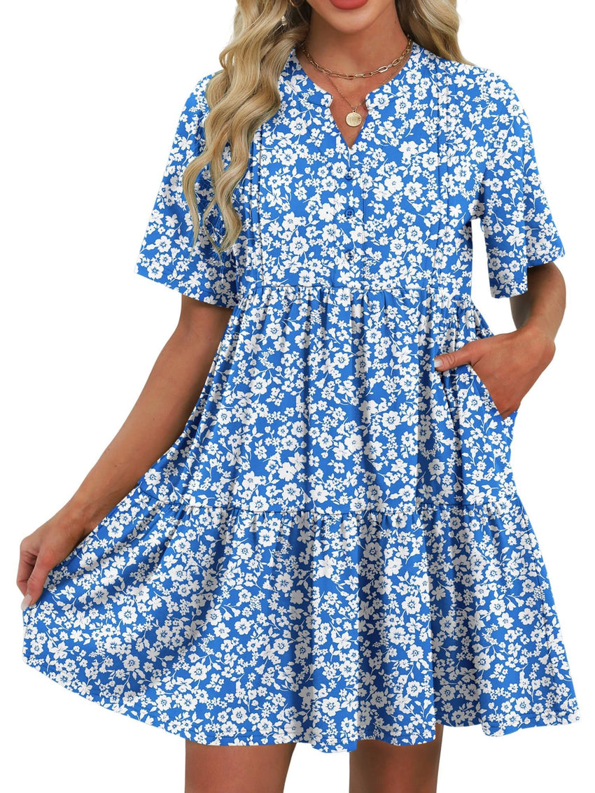 ZAFUL Womens Summer Dress 2025 Short Seeve V Neck Casual Beach Aline Tiered Mini Dress with Pockets - 7DAY'S
