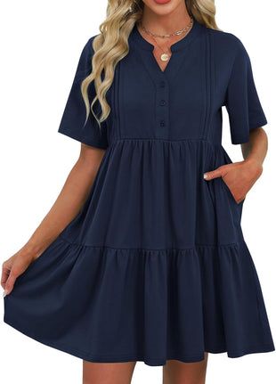 ZAFUL Womens Summer Dress 2025 Short Seeve V Neck Casual Beach Aline Tiered Mini Dress with Pockets