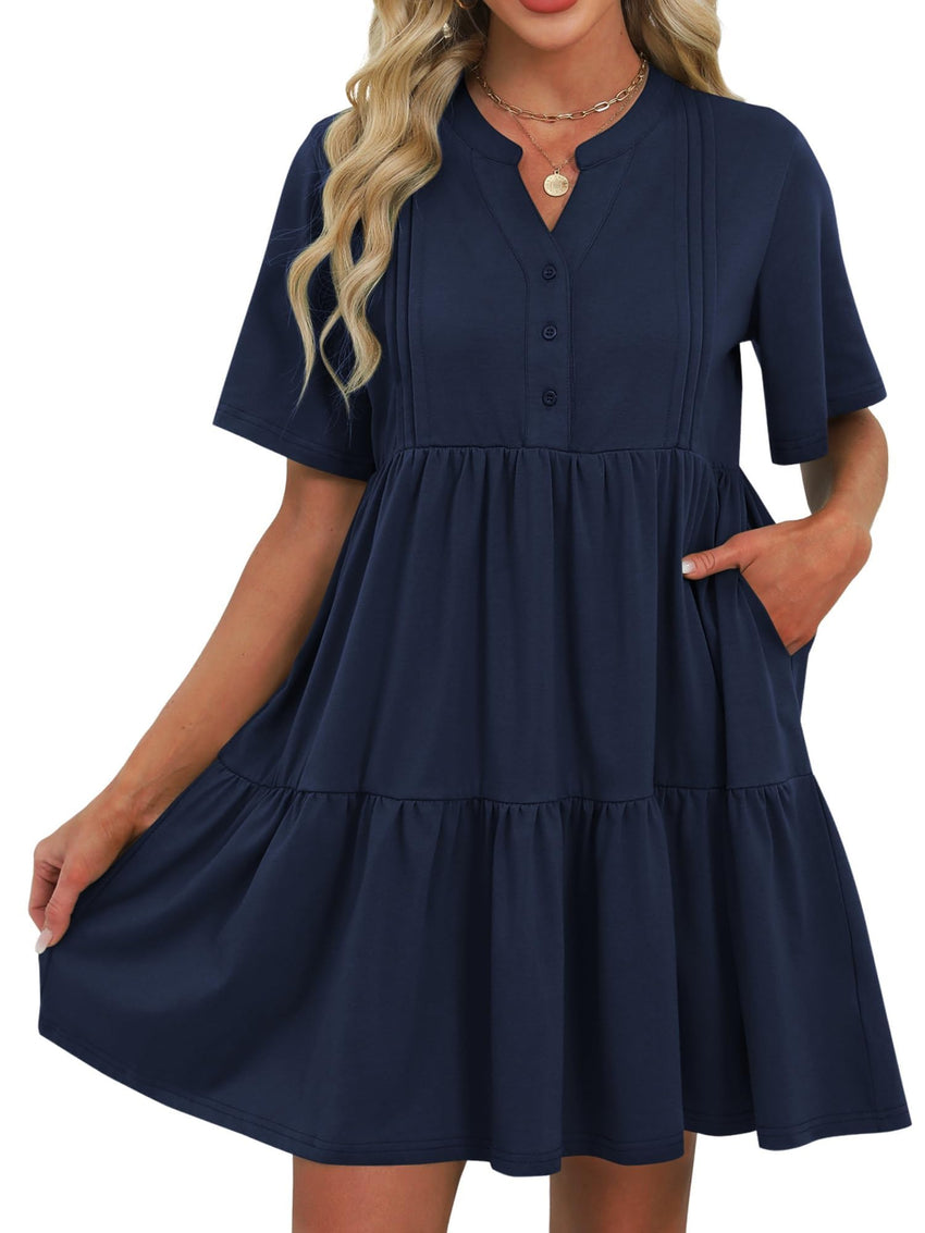 ZAFUL Womens Summer Dress 2025 Short Seeve V Neck Casual Beach Aline Tiered Mini Dress with Pockets - 7DAY'S