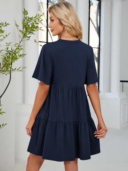 ZAFUL Womens Summer Dress 2025 Short Seeve V Neck Casual Beach Aline Tiered Mini Dress with Pockets - 7DAY'S