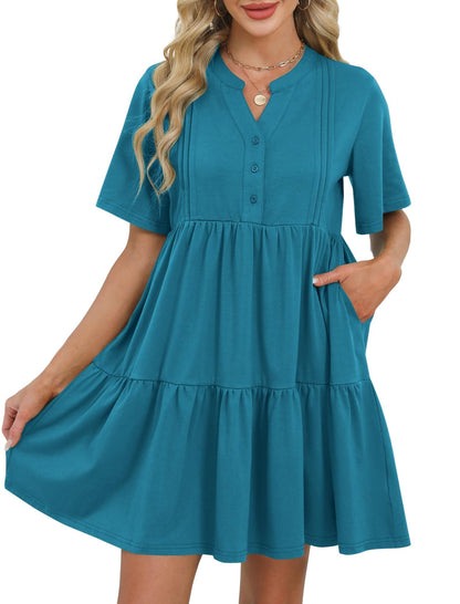 ZAFUL Womens Summer Dress 2025 Short Seeve V Neck Casual Beach Aline Tiered Mini Dress with Pockets - 7DAY'S