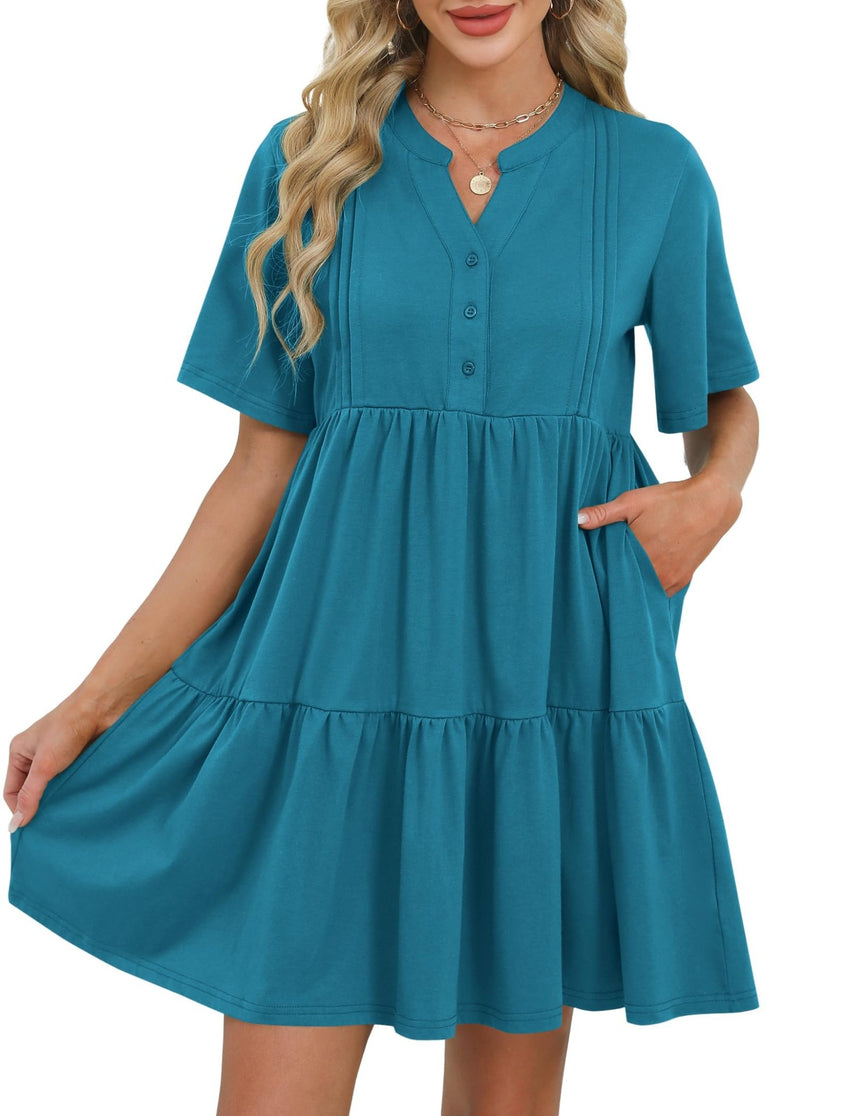 ZAFUL Womens Summer Dress 2025 Short Seeve V Neck Casual Beach Aline Tiered Mini Dress with Pockets - 7DAY'S