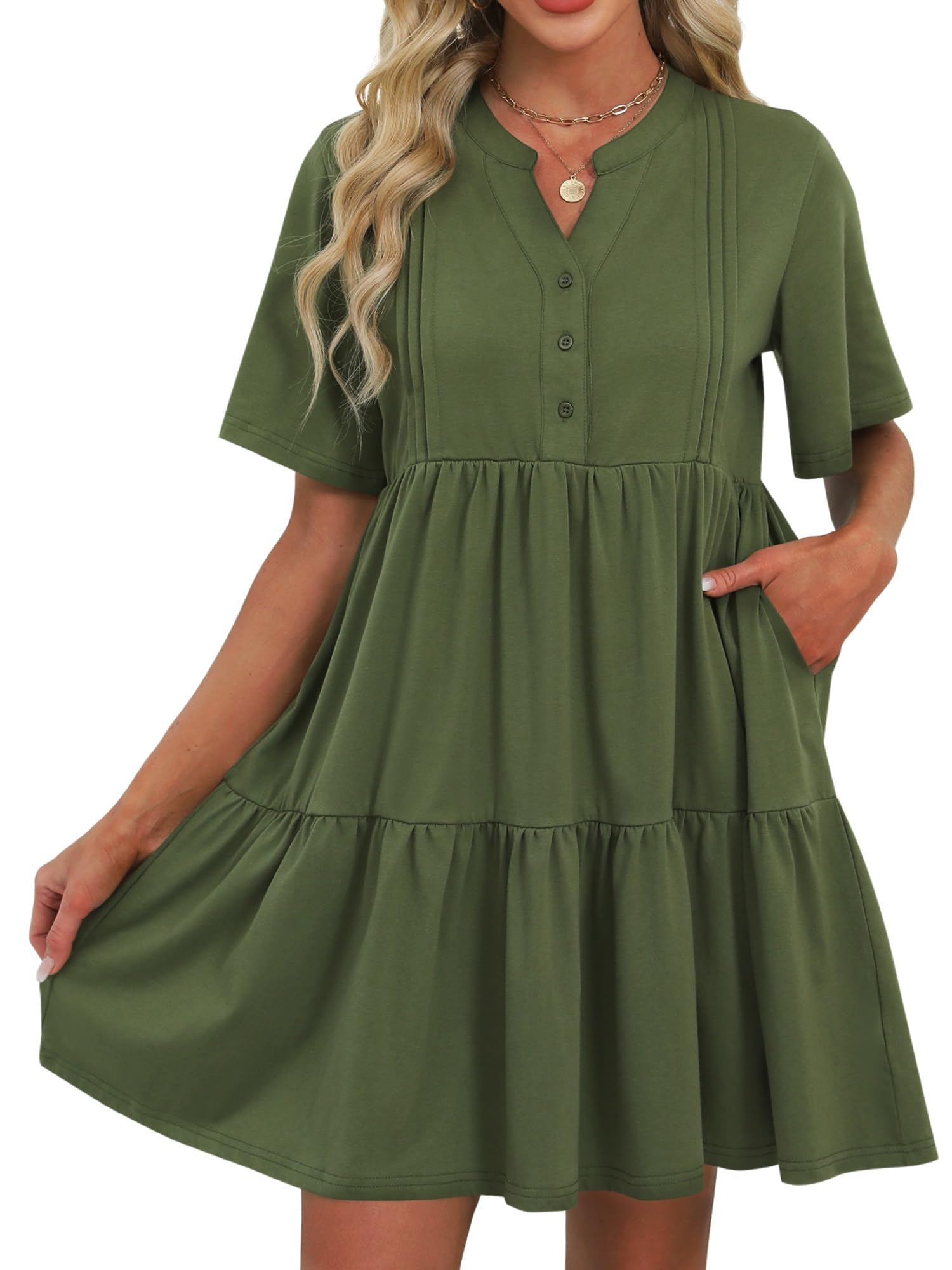 ZAFUL Womens Summer Dress 2025 Short Seeve V Neck Casual Beach Aline Tiered Mini Dress with Pockets - 7DAY'S