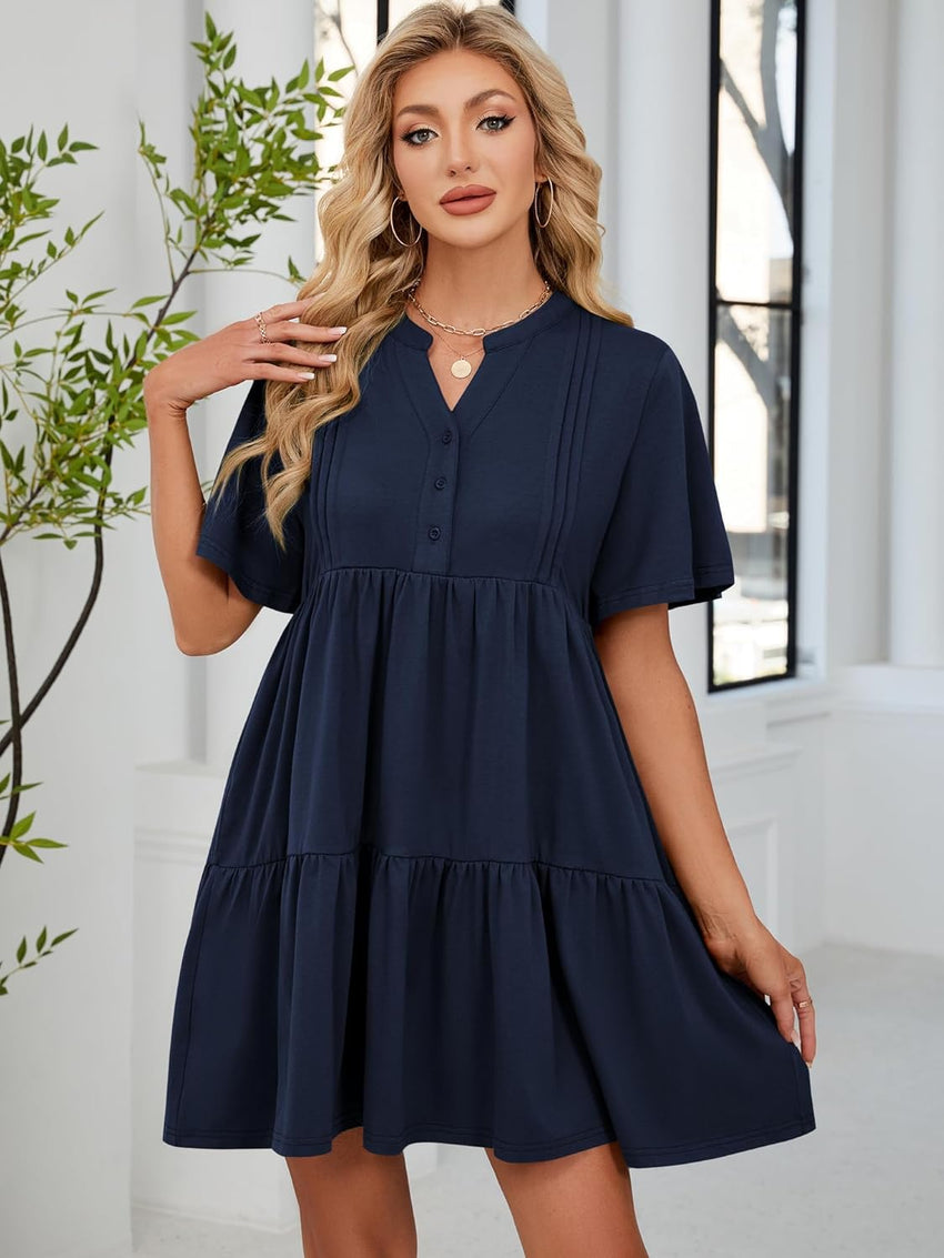 ZAFUL Womens Summer Dresses V Neck Flutter Sleeve Short Sundress Navy Blue Petite Beach Vacation A - Line Babydoll Dress with Pockets M - 7DAY'S