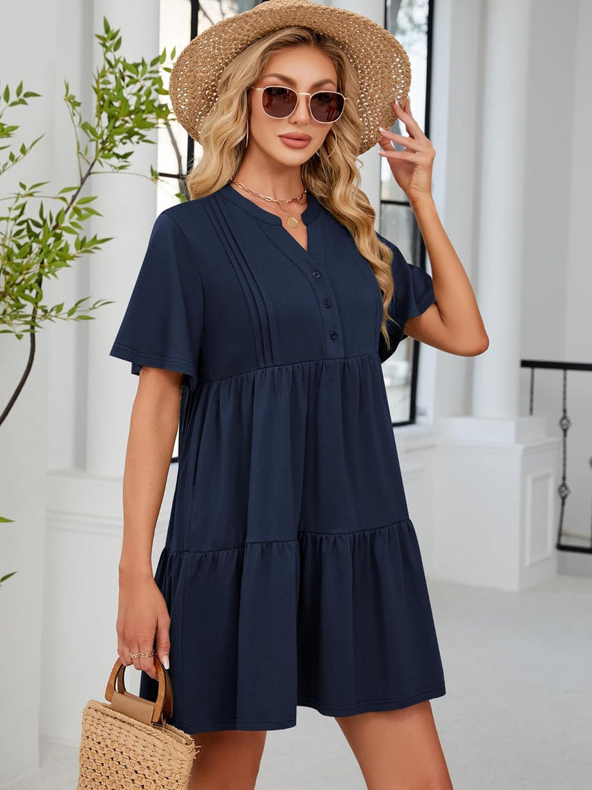ZAFUL Womens Summer Dresses V Neck Flutter Sleeve Short Sundress Navy Blue Petite Beach Vacation A - Line Babydoll Dress with Pockets M - 7DAY'S
