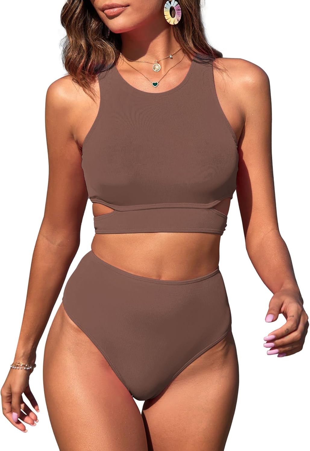 ZAFUL Women's Swimsuit High Waisted Bikini Sets Two Piece Swimsuit Scoop Neck Tank Side Cutout Midkini Stitching - 7DAY'S