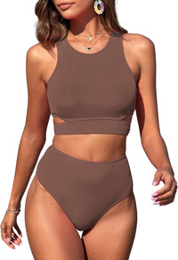 ZAFUL Women's Swimsuit High Waisted Bikini Sets Two Piece Swimsuit Scoop Neck Tank Side Cutout Midkini Stitching - 7DAY'S