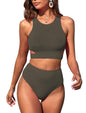 ZAFUL Women's Swimsuit High Waisted Bikini Sets Two Piece Swimsuit Scoop Neck Tank Side Cutout Midkini Stitching - 7DAY'S