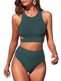 ZAFUL Women's Swimsuit High Waisted Bikini Sets Two Piece Swimsuit Scoop Neck Tank Side Cutout Midkini Stitching - 7DAY'S