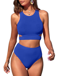ZAFUL Women's Swimsuit High Waisted Bikini Sets Two Piece Swimsuit Scoop Neck Tank Side Cutout Midkini Stitching - 7DAY'S